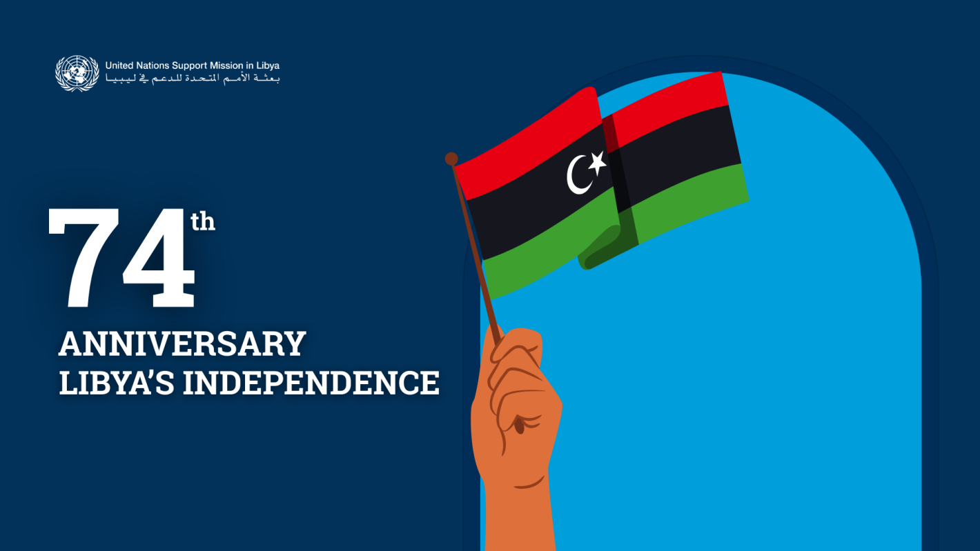 Graphic showing a hand holding a Libyan flag with the words: "75th Anniversary of Libyan Independence"