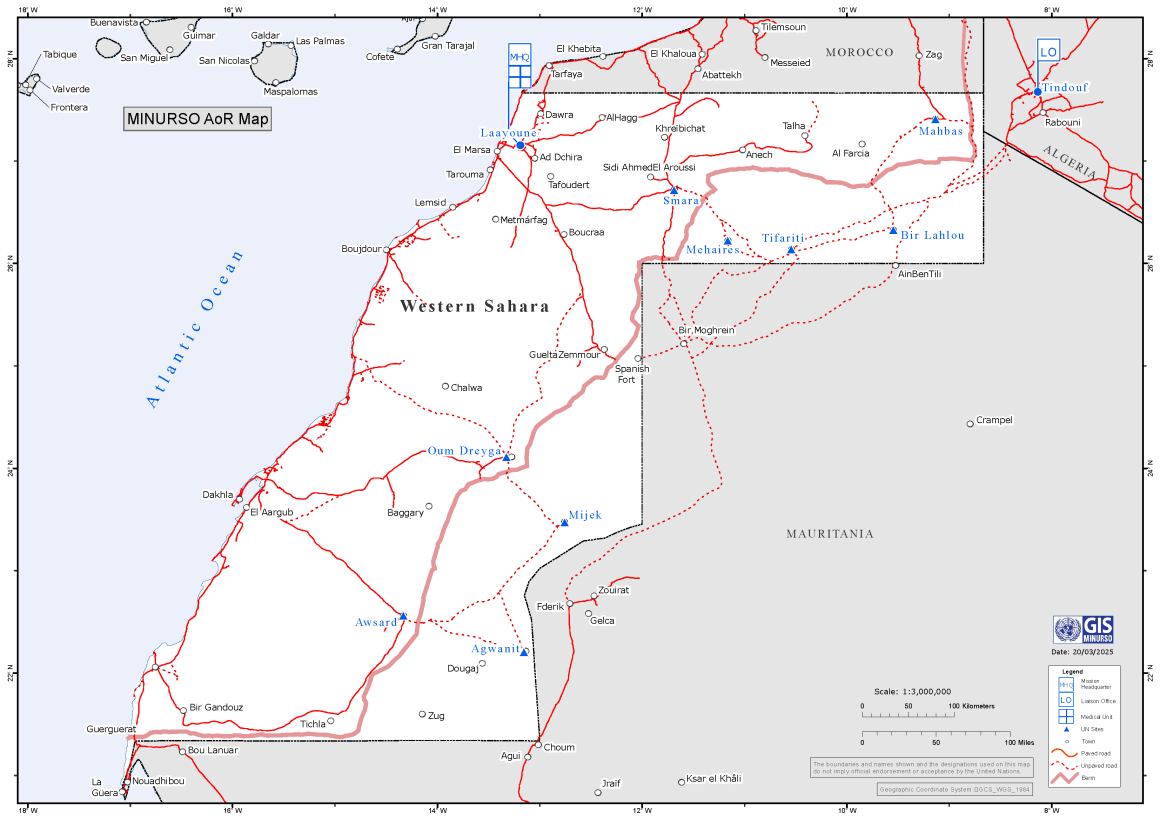 A map of MINURSO's area of operations in Western Sahara
