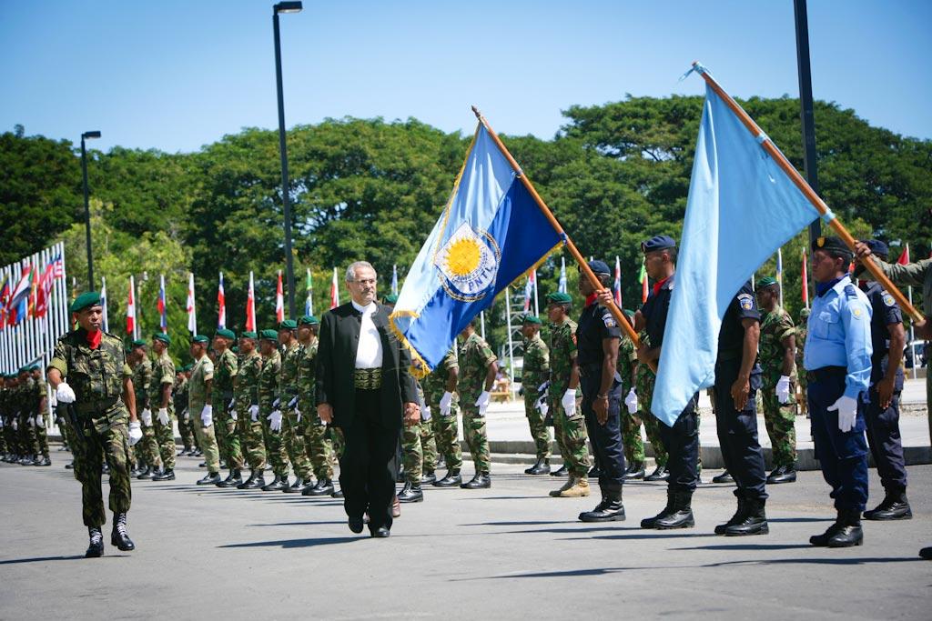Jose-Ramos Horta, Timor-Leste's, newly elected President and Nobel Peace laureate, inspects an guard of honor before making his inaugural speech in the capital, Dili.