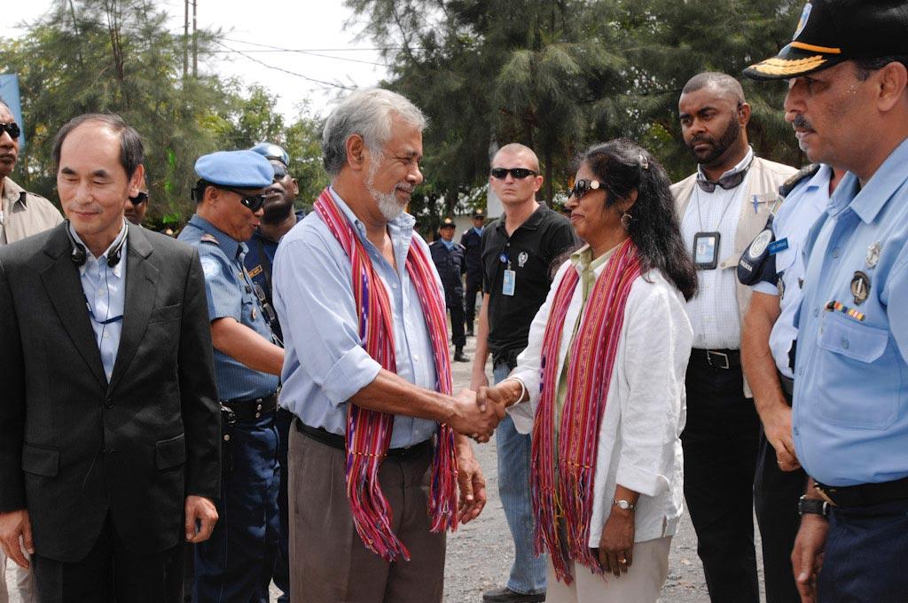 Xanana Gusmão, the first president of East Timor (2002–2007) and later prime minister (2007–2015), shaking hands with Ameerah Haq, SRSG for UNMIT.